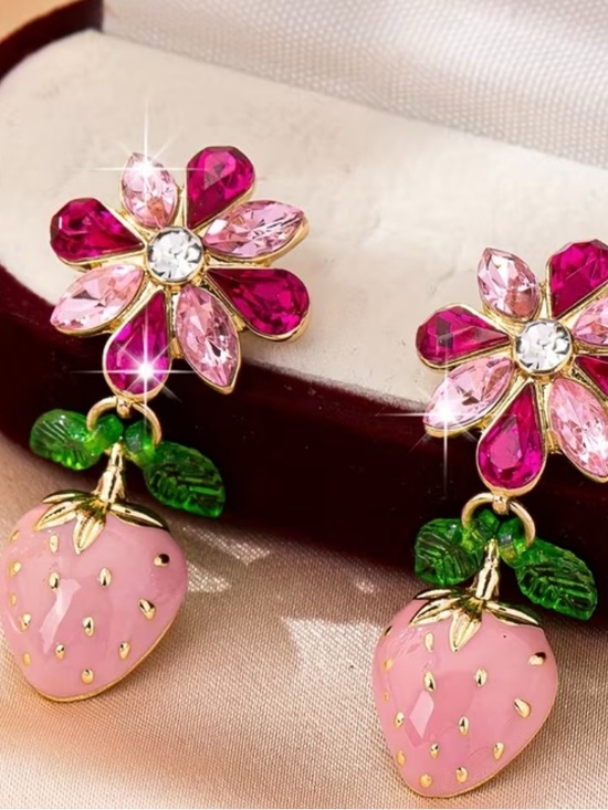 Jewelry - Pink & Green Strawberry Flower Drop Earrings Golden Plated NWT